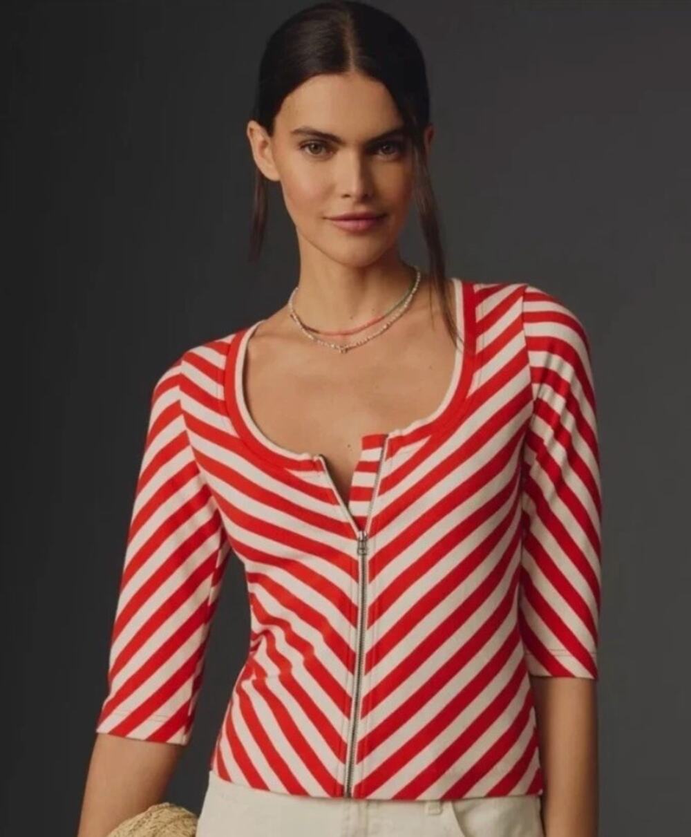 Maeve Anthropologie Chevron Stripe Zip Front Top Red White Womens S